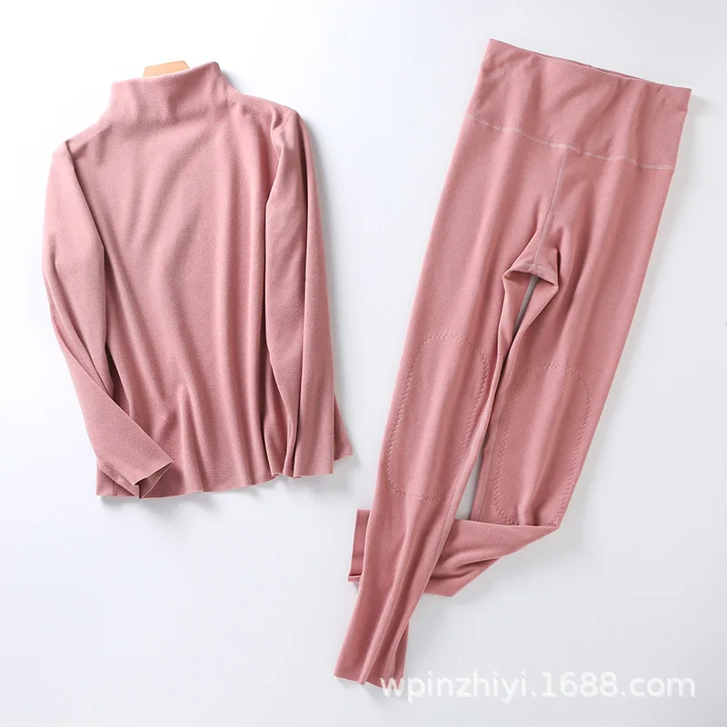 

High-necked thermal underwear set women's autumn clothes and long-sleeved autumn and winter sanded trousers high waist knee pads
