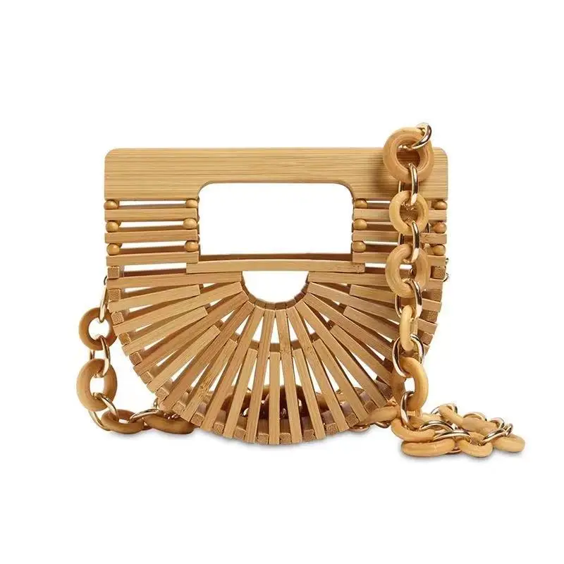 Mini bolso de verano con cadena de bambú para chica, bolsa de cintura con cadena para lápiz labial, bolso de mano hueco para teléfono