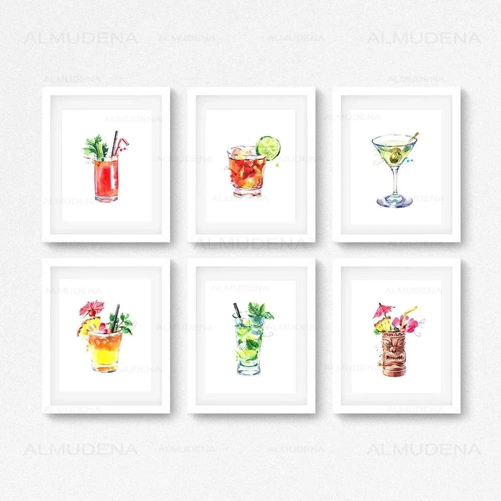 

Watercolour Cocktails Posters and Prints Bar Poster Cocktail Martini Pictures Art Canvas Painting Gift Kitchen Wall Art Decor