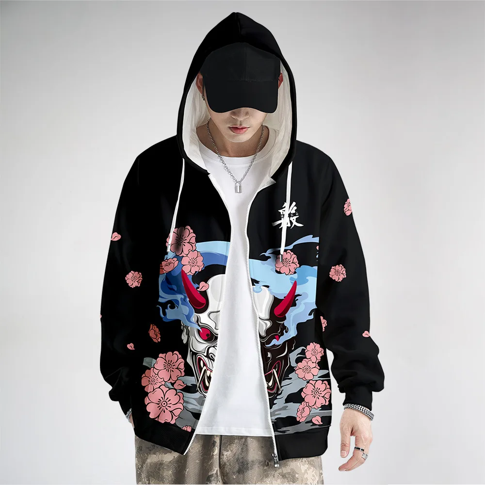 

Толстовка мужская на молнии, удобная куртка с принтом, длинный рукав, свитшот, черный цвет, весна-осень