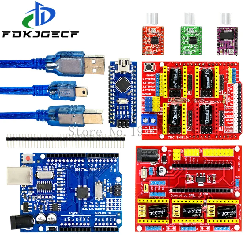 ЧПУ щит V3 V4 гравировальный станок 3D принтер + A4988 DRV8825 Плата расширения драйвера для Arduino + NANO 3,0 UNO R3 с USB-кабелем