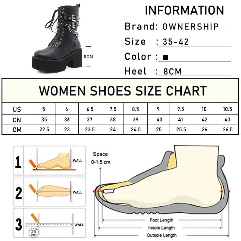 

Women Buckle Chunky Platform Ankle Boots Ladies Chain High Heels Woman Lace Up Pumps Women's Leather Shoes Female Footwear