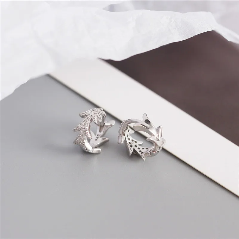 

YPAY 100% Authentic 925 Sterling Silver Hoop Earrings for Women INS Zircon Leaves Adjustable Finger Ring Party Jewelry YME852