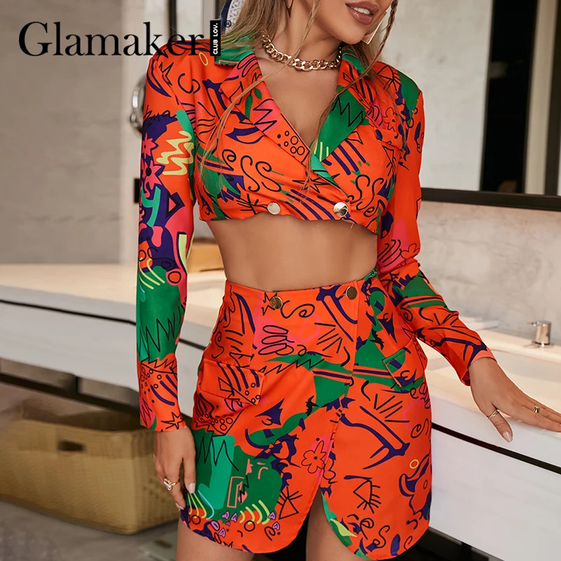 

Glamaker Chinese printed women skirts suits Sexy female cropped blazer and irregular hem skirt Elegant party dinner chic sets