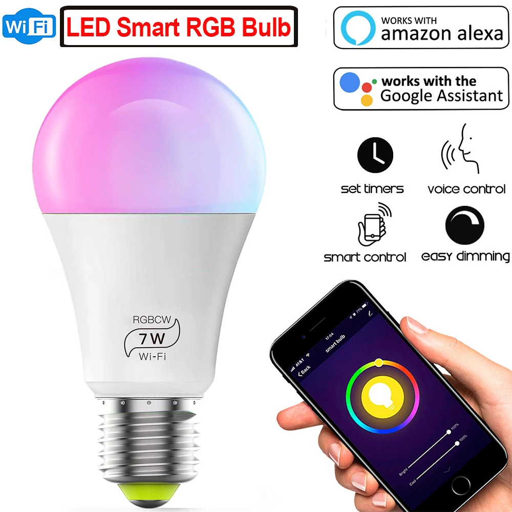 7 Вт E27 Wi-Fi цветная (RGB) Светодиодная лампа с регулируемой яркостью умный