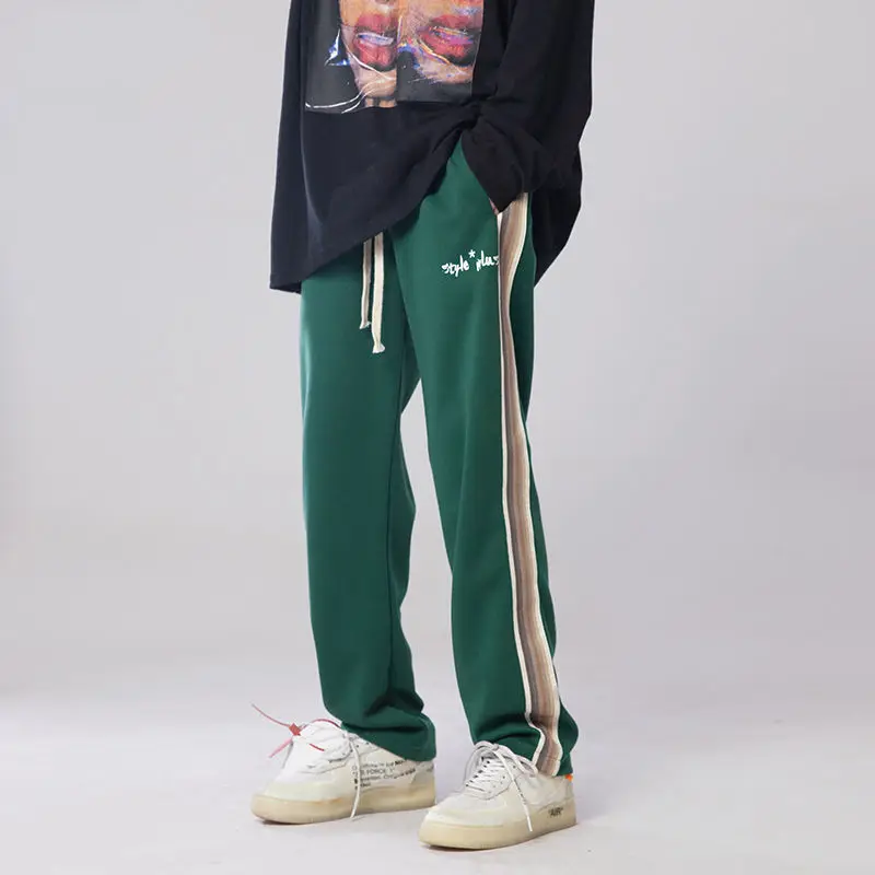 

Новинка 2021, американские винтажные спортивные брюки в стиле ретро с боковыми полосками, облегающие Прямые повседневные мужские брюки контр...