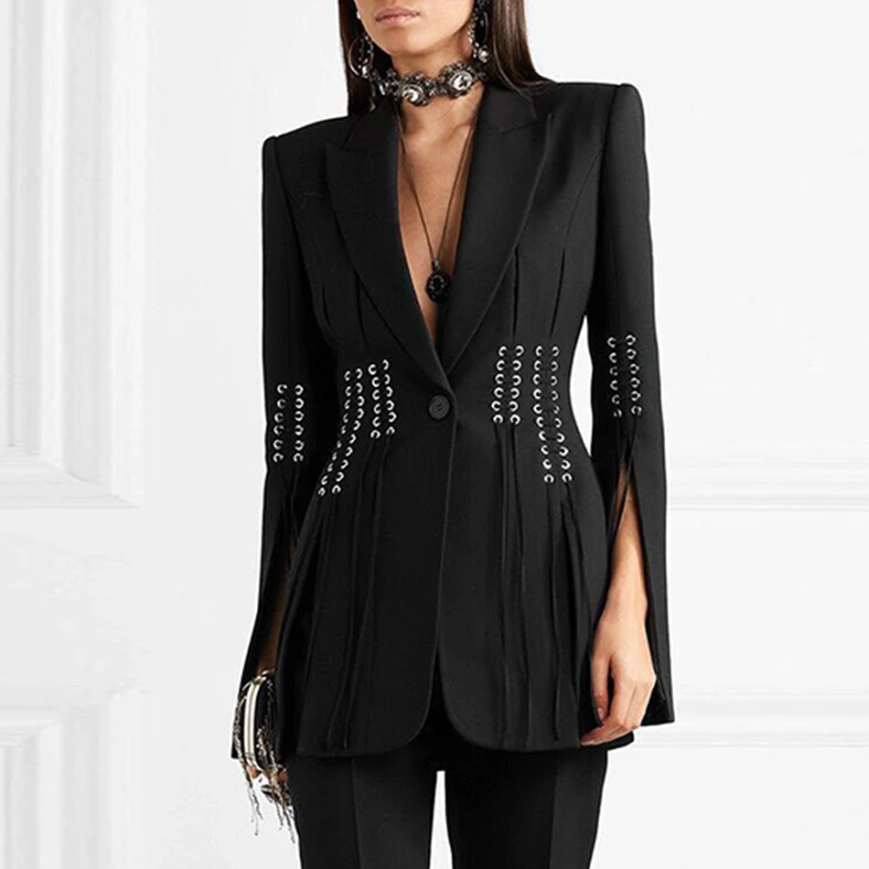 Зима 2019 Новый сексуальный черный женский костюм пальто с длинными рукавами одной