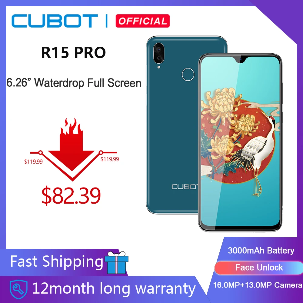 Смартфон Cubot R15 Pro 6 26 дюйма 3 + 32 ГБ Android 9 0 Pie двойная камера 16 МП Face ID 4G LTE 3000