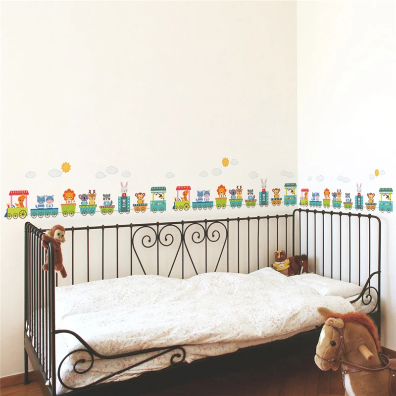 

Cute Animal Driving Train Wall Stickers For Kids Room Decorations Nursery Mural Art Decal Monkey Lion Rabbit Home Decorations