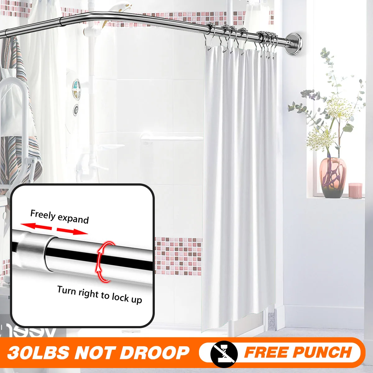 Extendable Curved Shower Curtain Rod U Shaped 201 Stainless Steel Shower Curtain Poles Punch-Free Bathroom Poles Drilling-free