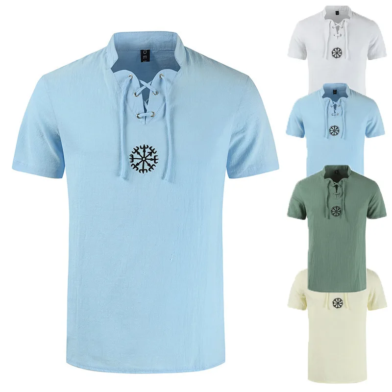 

2021 New Fashion Summer Short Sleeve Shirts Lace Tassels Mens Elastic Hemp Cotton Shirts Leisure Sport Clothing