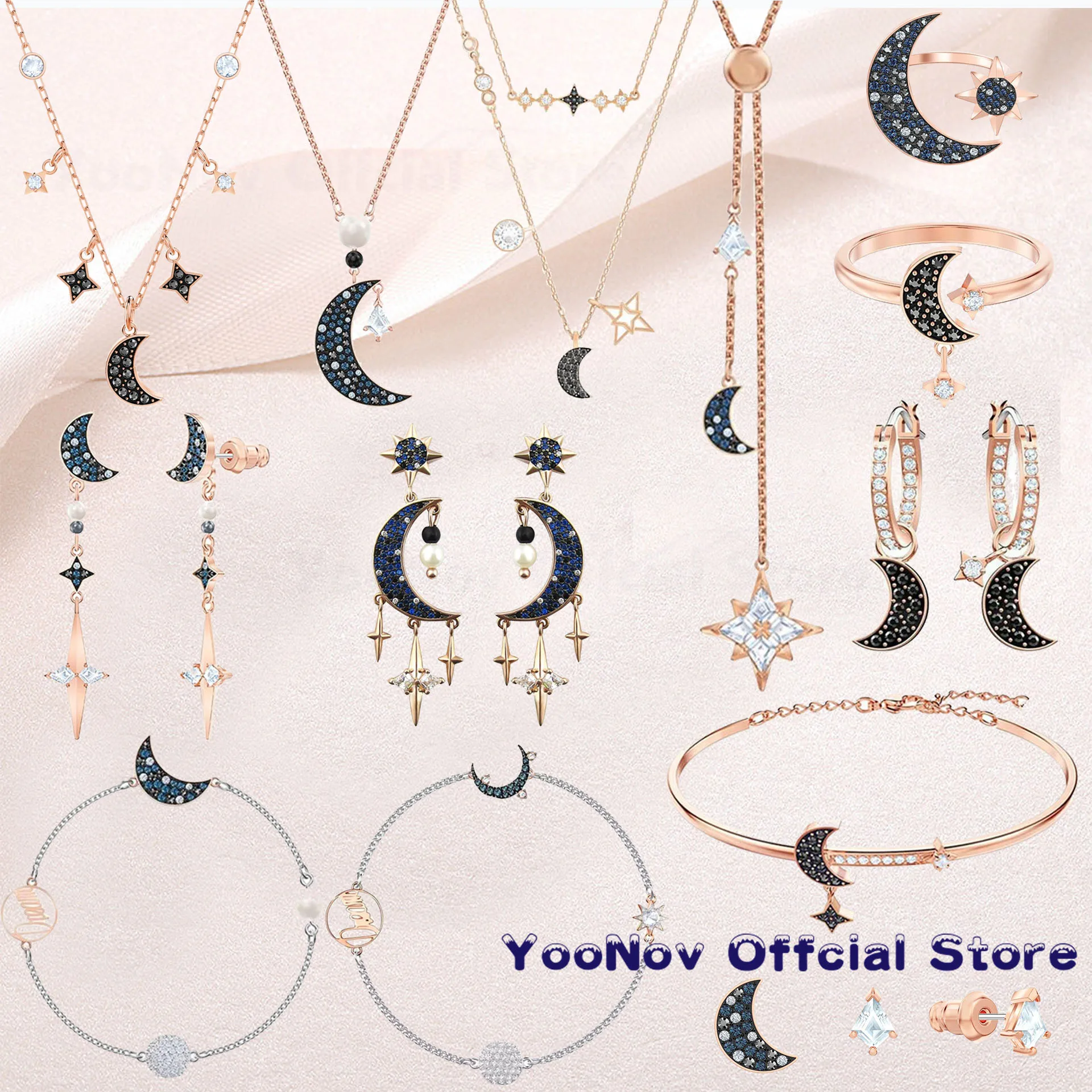 

SWA1:1 Original Fashion Jewelry Charming SYMBOLIC MOON Moon and Star,Rose Gold Black Crystal Charm Earrings Gift For Women