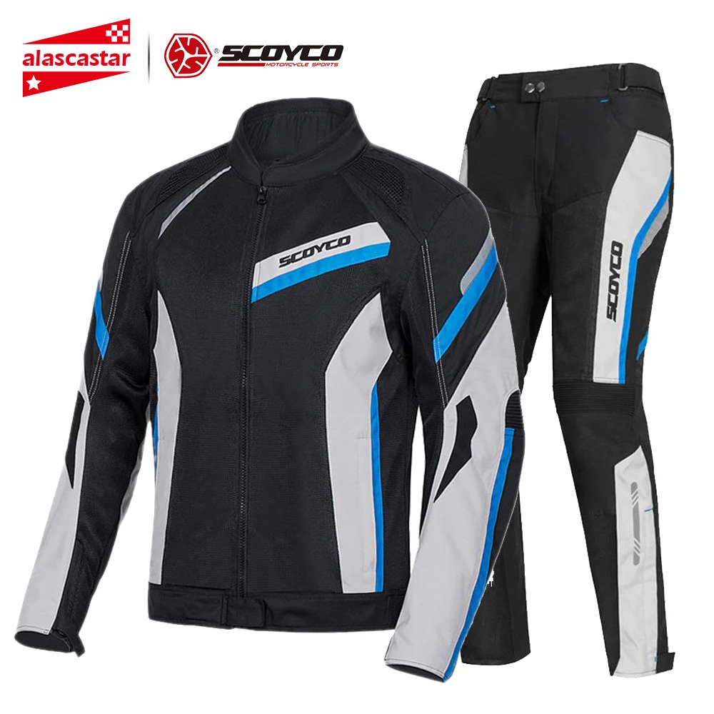 JK100 And P065 Blue SCOYCO летняя мотоциклетная куртка мужская сетка Chaqueta Moto куртка Защитное снаряжение Светоотражающая мотоциклетная Защита Куртка для мотокросса - Цвет: JK100 And P065 Blue