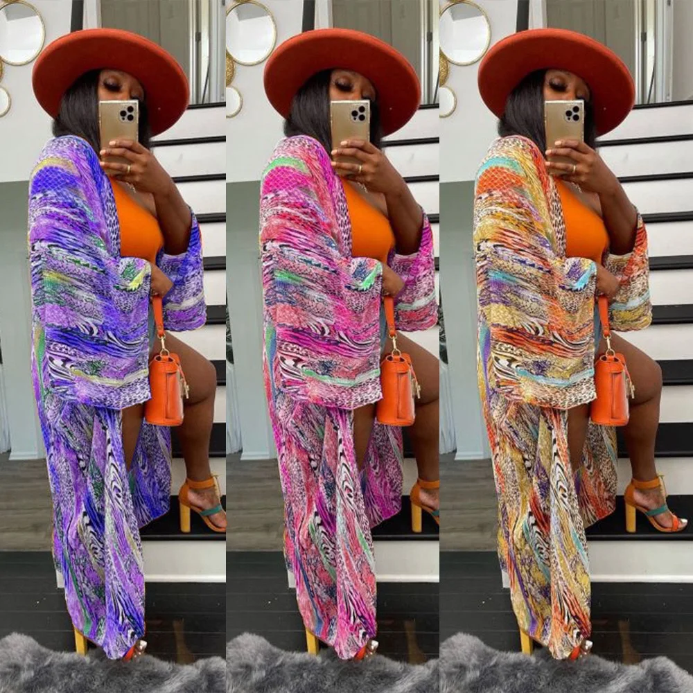 

Women Trench Print Full Sleeve Open Stitch X-Long Straight Loose Coats Sexy Fashion Beachwear Casual Outfit