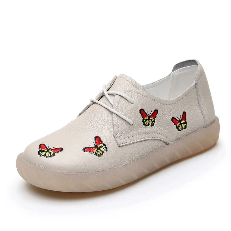

MVVJKE Genuine Leather Women Flats Lace-Up Low Heel Women Casual Shoes Soft Bottom Retro Embroidery Leather Flats