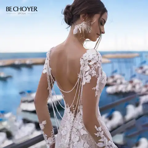 Wedding Dress Long Sleeve Lace Mermaid Appliques Beaded Backless Vestido De Noiva 2021 Light Princess BECHOYER N162 Bride Gown