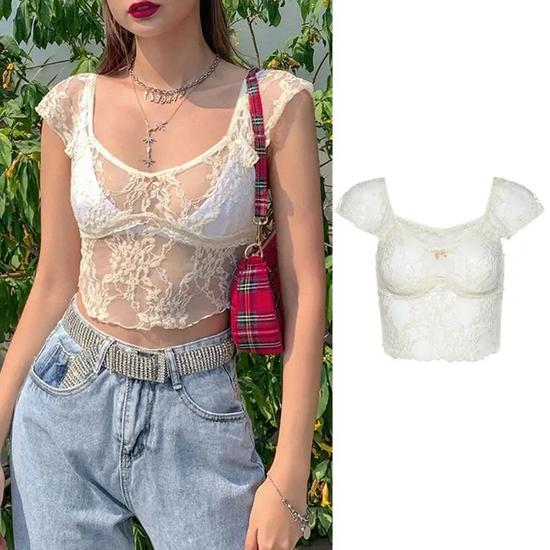 Женский цветочный кружевной топ с коротким рукавом сексуальные сетчатые