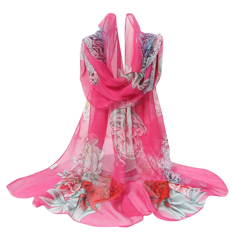 Hot Pink Шарф Модный женский цветочный принт Длинные шарфы мягкая имитация Шелковая Шаль Обертывание Роковая женщина - Цвет: Hot Pink
