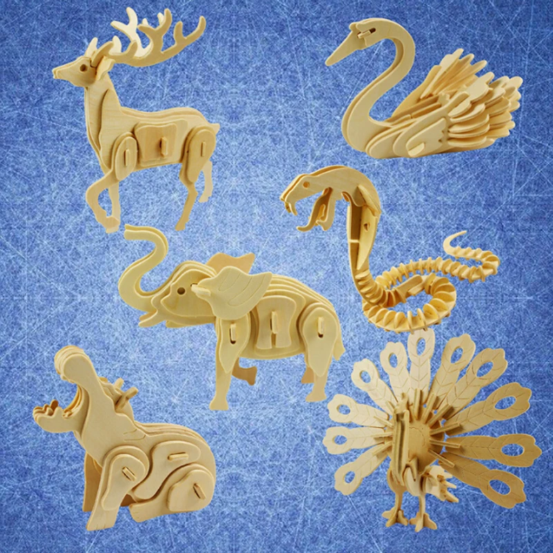 

Animal Lion Crocodile Snake Peacock Deer Handmade Model Assembling Building Kits DIY Kids 3D Wooden Puzzles IQ Educational Toys