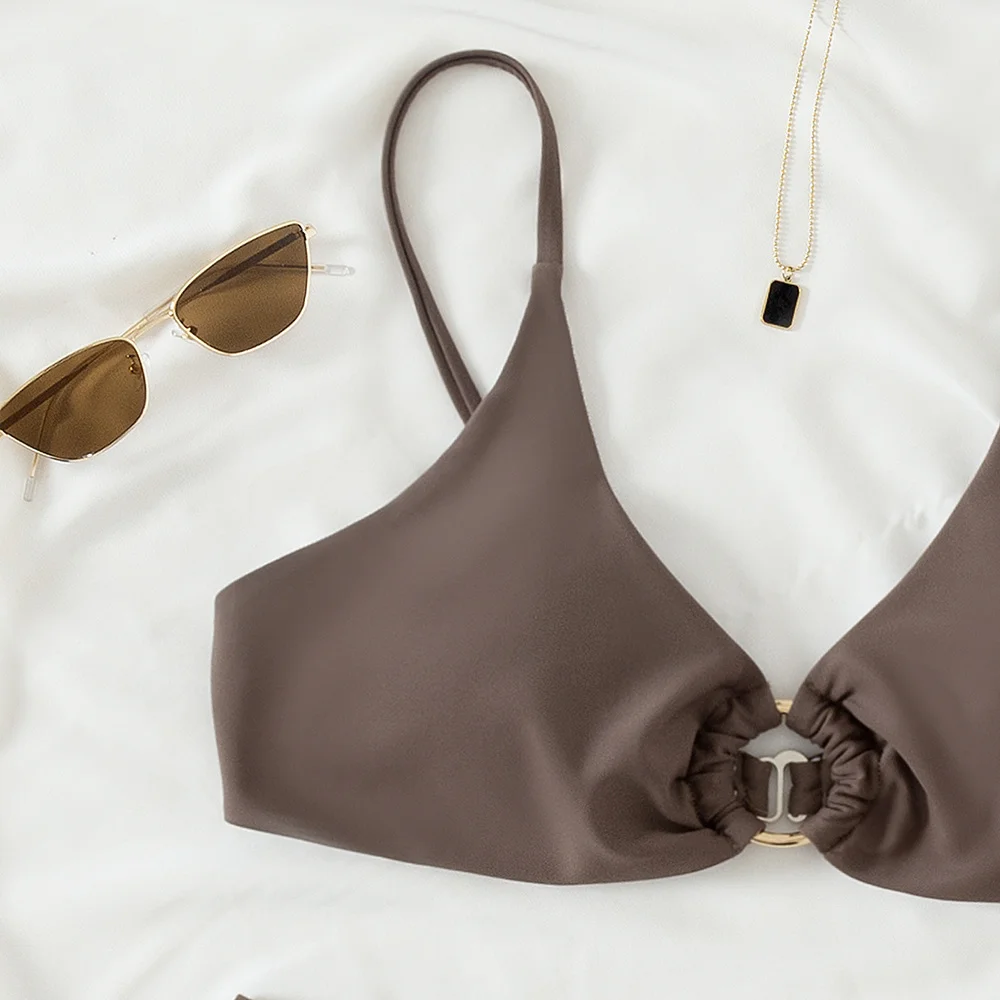 Push Up Bikini Set Solid Swimwear Women Hollow Metal rings Swimsuit High Cut Bathing Suits Sexy Biquini Beachwear | Женская одежда