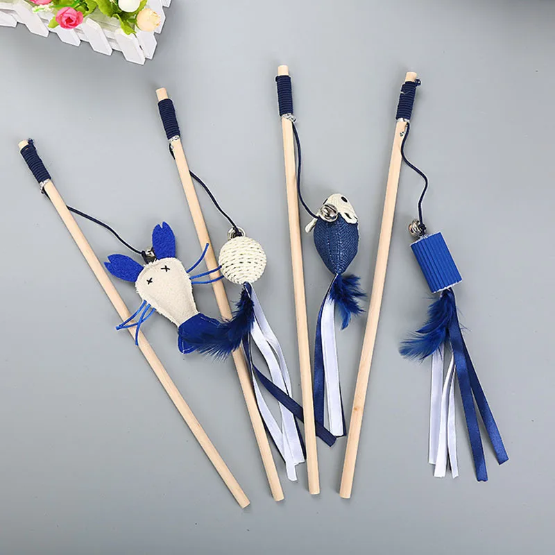 

1PC Pet Cat Toy Products Wood Funny Teaser Toys Natural Shrimp Animal Feather Cat Wooden False Shrimp Fun Playing Blue 40cm