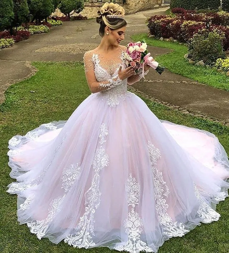 

Luxury Pearls Beaded Wedding Dresses 2020 New Sheer Long Sleeves Bridal Gowns High Quality Lace Appliques Marriage Dress Women