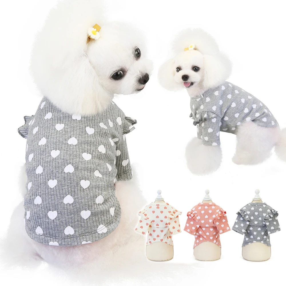

Autumn Dog Clothes Cute Pet Dog Shirt for Small Dogs Lovely Heart Printing Ruffled Dog Outfit Cotton Breathable Puppy Knitwear