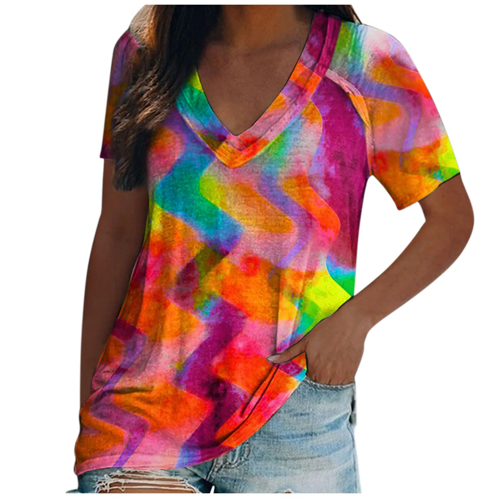 Женская свободная футболка с V образным вырезом и коротким рукавом|Футболки| |