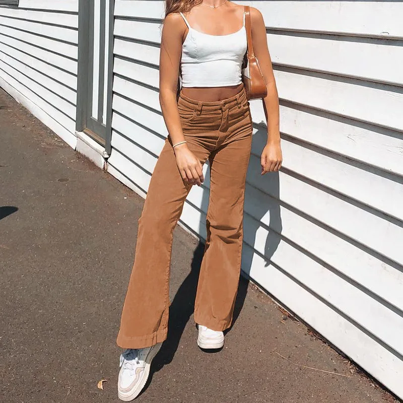 

Women Corduroy High Waist Solid Color Flared Pants Fall Winter Stylish Loose Long Pants for Ladies Female Casual Trousers Daily