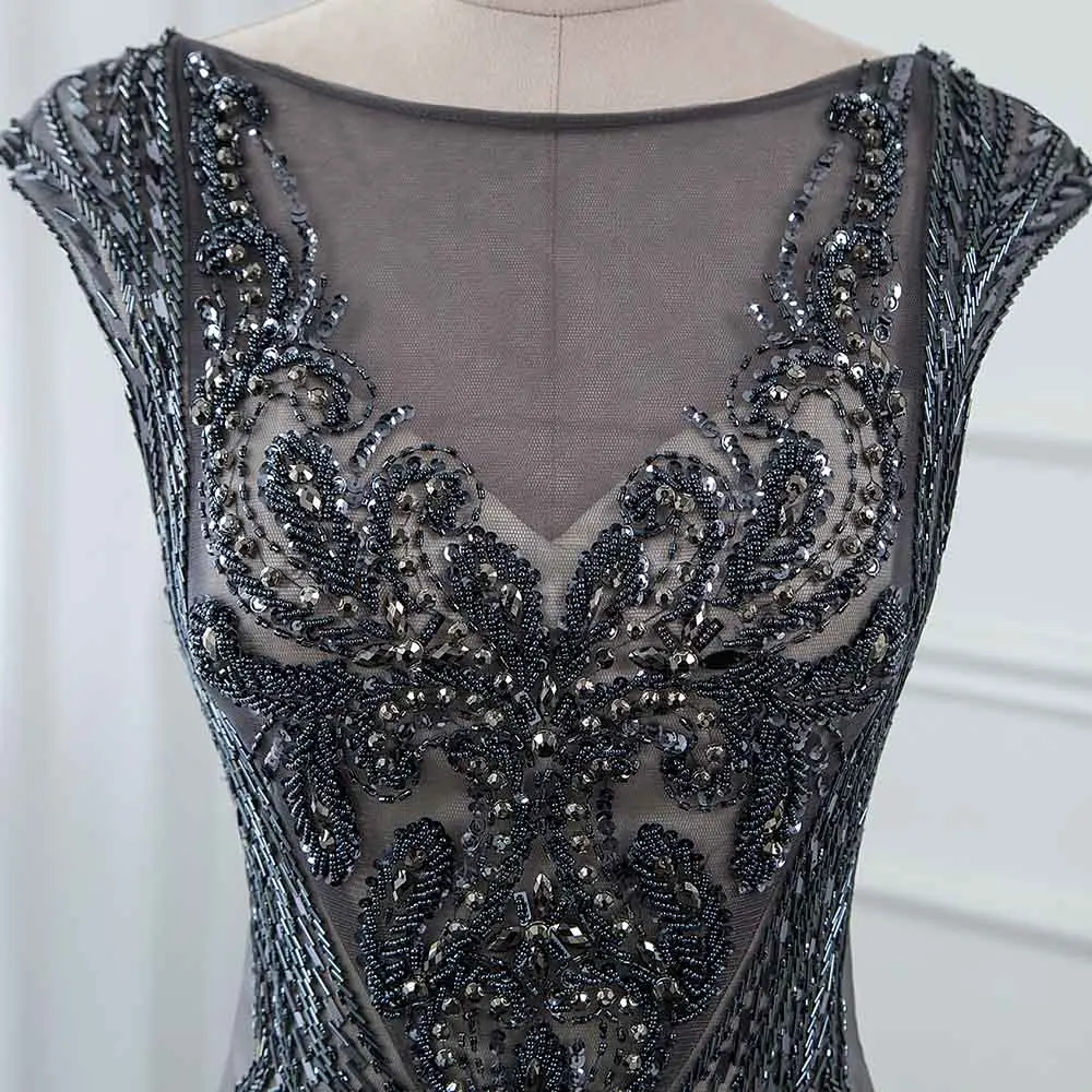 

Black Crystals Long Evening Dresses Mermaid Tulle Cap Sleeve Beaded Formal Evening Gown Women Party Dress Backless