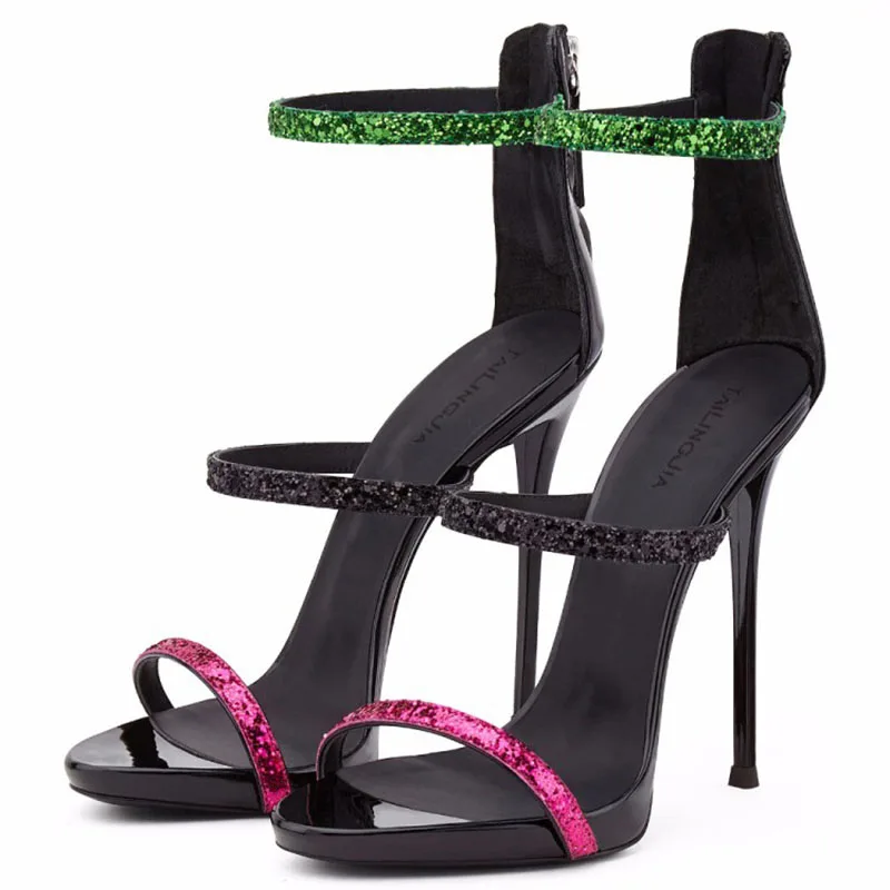 2021 Summer New Stiletto Fashion Sandals Women's Color Matching Open Toe Back Zipper High Heels Sequined Temperament Women's