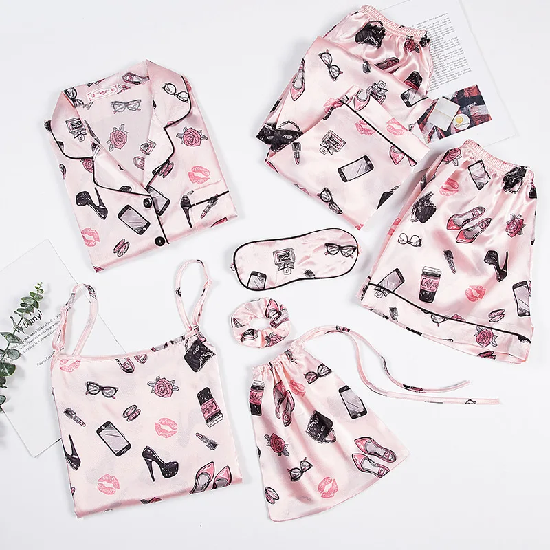 

2020 New Fashion 7 Pieces Pajamas Sets Faux Silk Stain Cute Pattern Pyjama Sexy Sling Shorts Long Sleeve Sleepwear