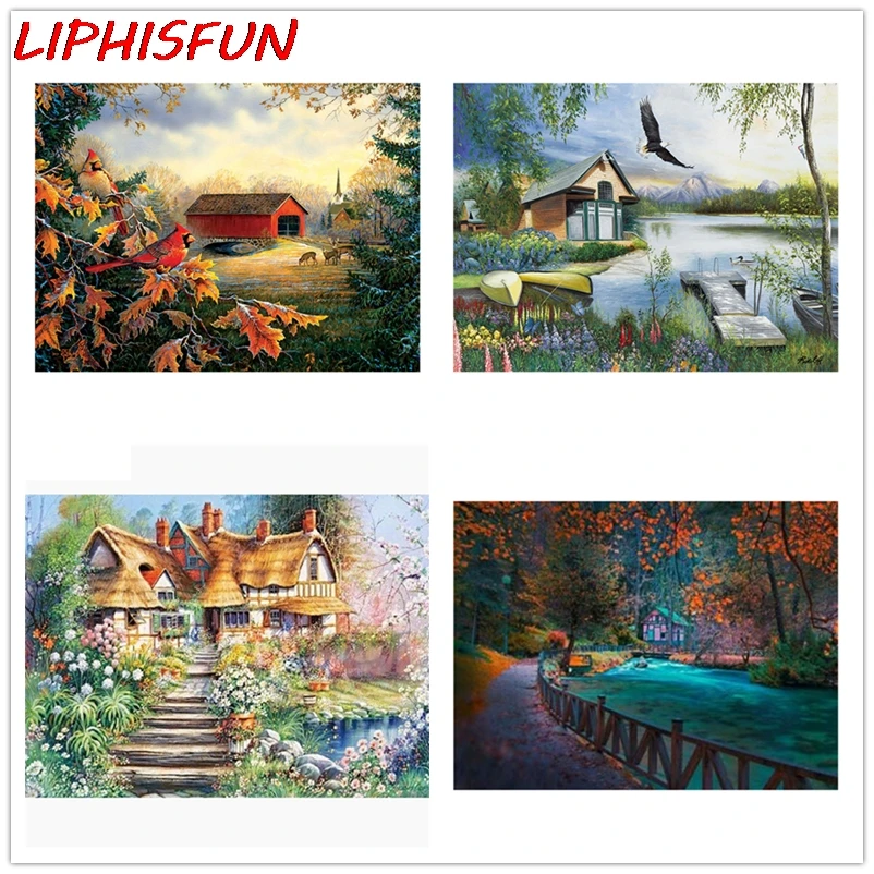 Алмазная вышивка LIPHISFUN пейзаж домик в лесу озеро алмазная картина крестиком