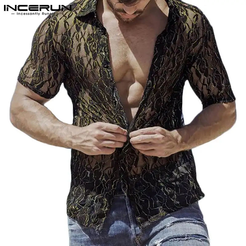 

2023 Fashion Men Mesh Shirt Printed Streetwear Lapel Short Sleeve Casual Men Clothing See Through Party Nightclub Camisa INCERUN