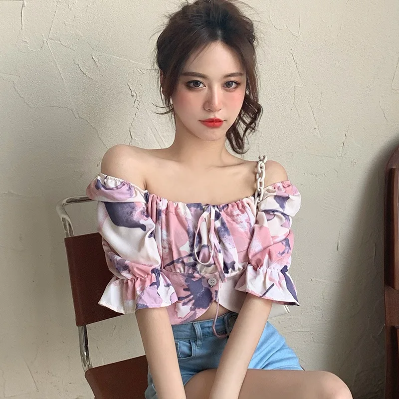 

Fashion Floral Print Slash Neck Blouse Women Sexy Short Sleeves Chiffon Shirt Girls Sweet Blouse Tops