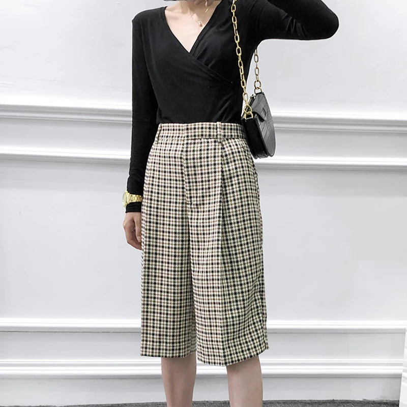 Женские брюки в клетку с высокой талией повседневные Прямые свободные карманами