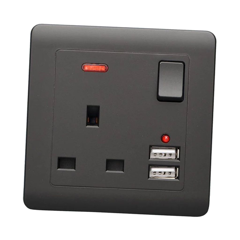 

Electrical Wall Socket UK Plug 2 USB Charging Port Outlets Plate Black