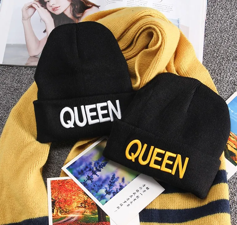 Фото Черная вязанная Повседневная зимняя модная шапка King queen Мужская и женская пара Черная вязанная Повседневная зимняя модная шапка King queen Мужская и женская пара