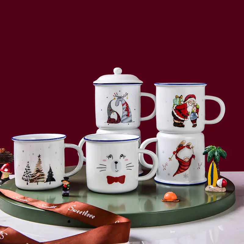 

Santa Deer Snowman Print Creative Coffee Cup Christmas Party Drinks Wine Beer Juice Milk Cups Handle Enamel Mugs Christmas Gifts