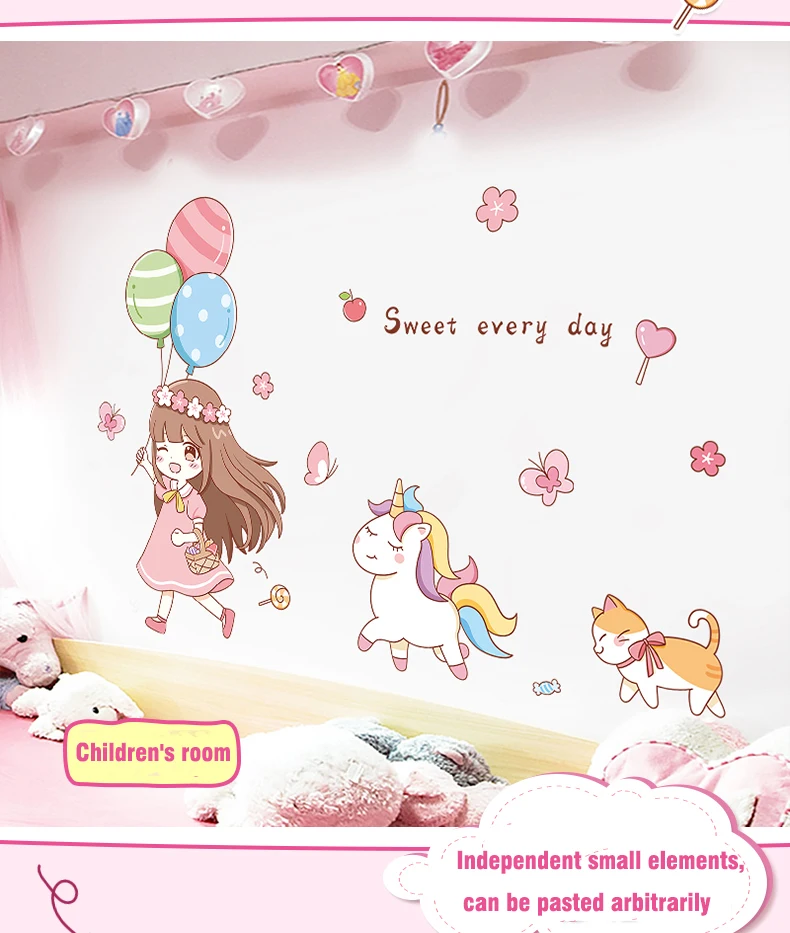 

2021 cute cartoon wall stickers girls bedroom wall decoration stickers children's room layout bedside renovation wall stickers