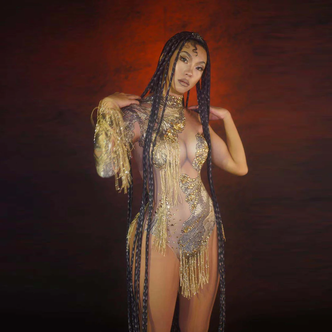 

Sparkly Rhinestone Tassel Dance Costumes Sexy Crystals Fringes Leotard Nightclub Outfit for Women Singer Dancer Show Stage Wear