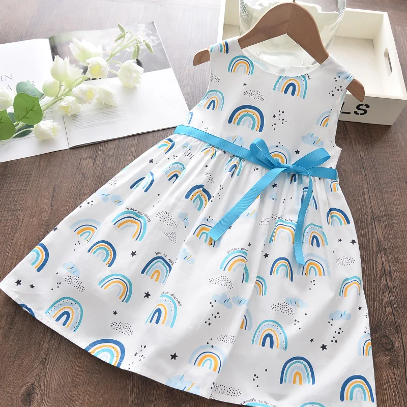 

Для девочек модное платье без рукавов, платья летние детские футболки с изображением героев с рисунком радуги; Платье принцессы для малышей...