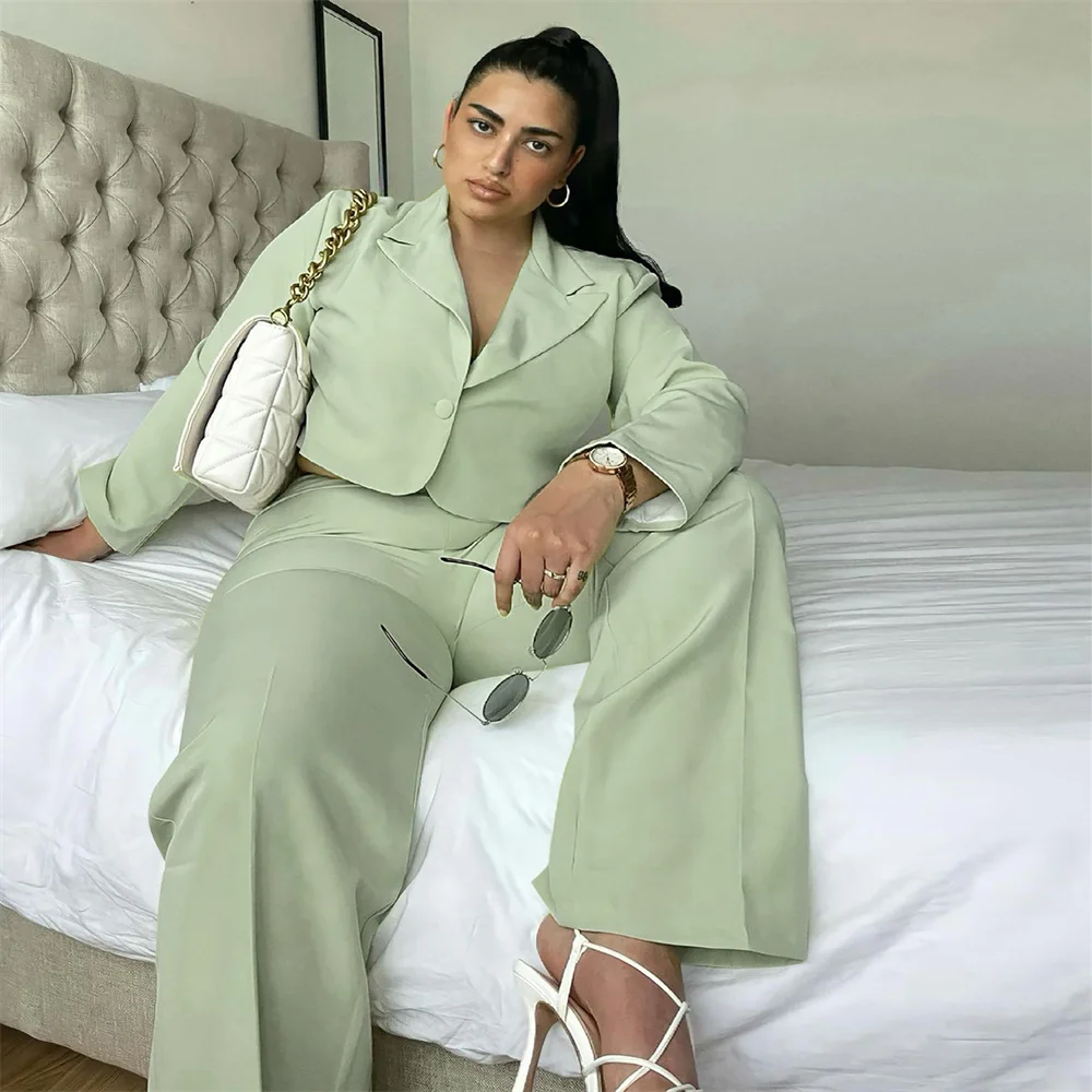 

Women's Fashion Elegant Solid Oversized Short Blouse Jacket Trousers Two-piece Suit Fall Office Elastic Clothes Sets For Women