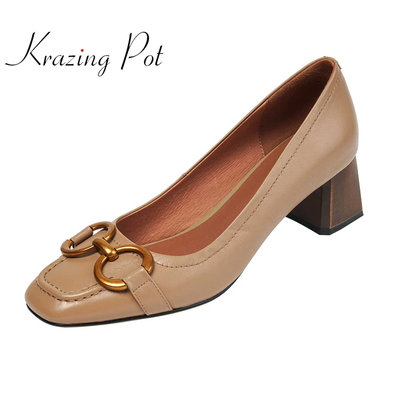 

krazing pot basic genuine leather square toe high heels European style young lady mature elegant dress slip on women pumps L36