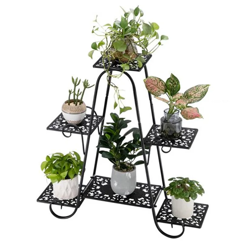 

One Lacquered 31-inch High Arched 4-Layer 6-Seat Potted Plant Stand with Patterned Layout Black Garden Plant Shelves