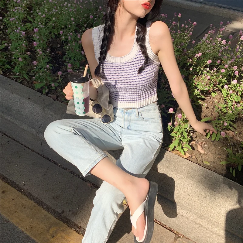 

Sweet Girl Plaid Pinstripe Knitted Vest Women's Short