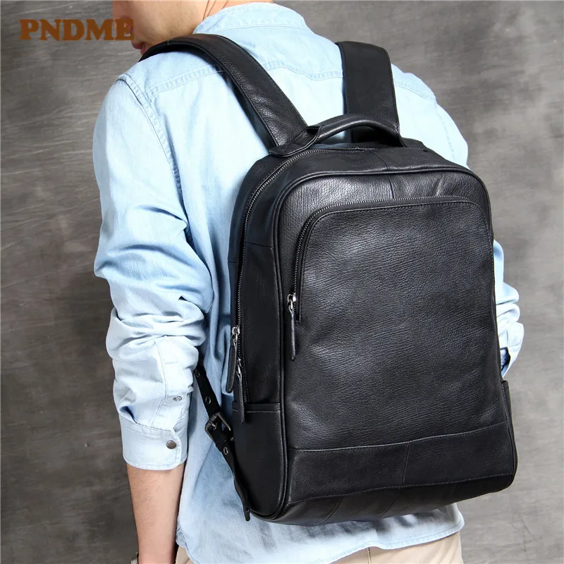 PNDME casual luxury soft cowhide men's women's laptop backpack fashion high quality genuine leather teens balck travel bagpack