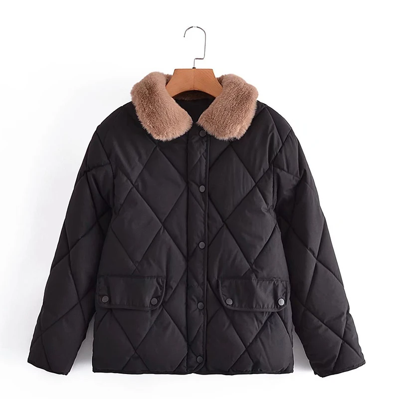 

Winter Womens Parkas Jacket Beige Coat Warm Long Sleeve Button Female Plaid Jacket Solid Elegant Outwear Ladies Vinatge Coat TRF