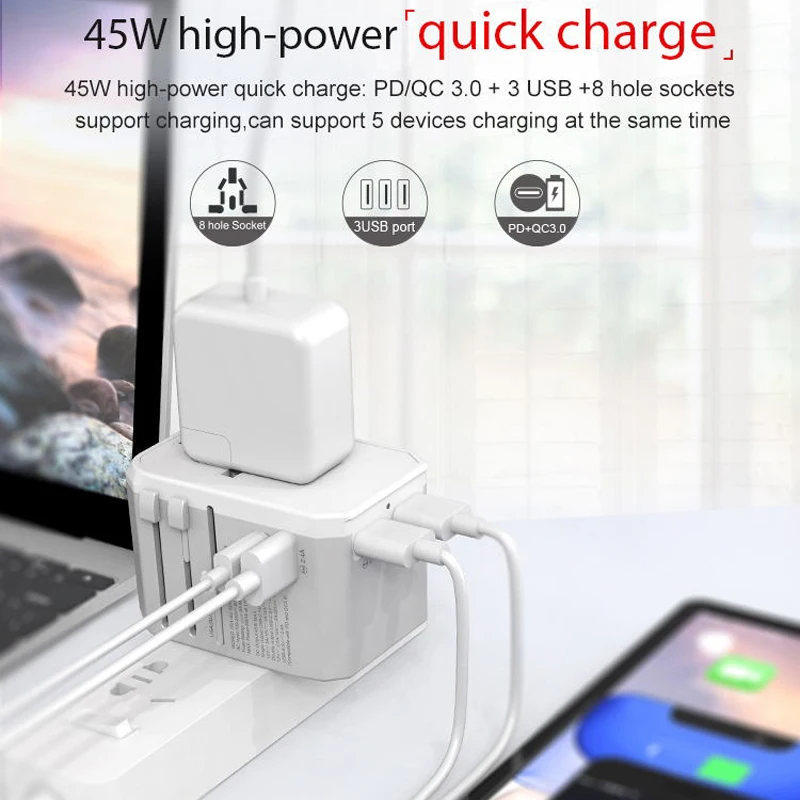45w pd universal travel adapter with type c pd45w qc3 4 wall charger for macbook pro ipad pro2018 tablet pc laptop charger usb c free global shipping