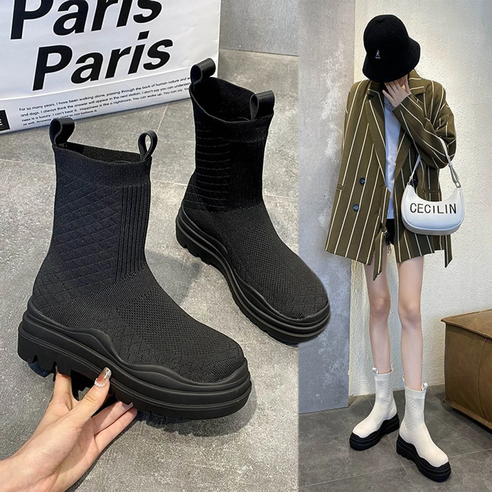 

Internet Celebrity Platform Sock Shoes Short Wo-tone Casual Stretch Boots